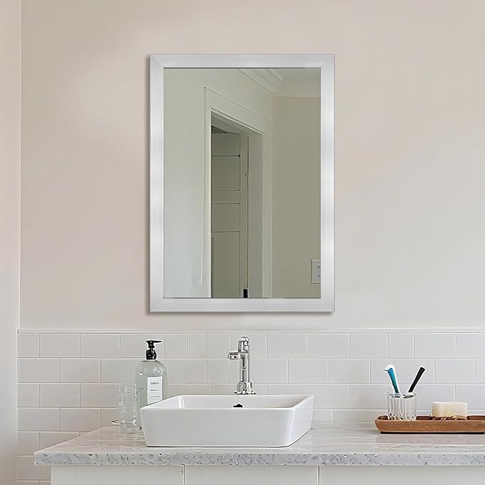 Ruomeng Bathroom Mirror 20" x 28" Rectangular Wall Mirror for Over Sink Feamed Mirror for Entryway, Bedroom, Living Room, Nickel