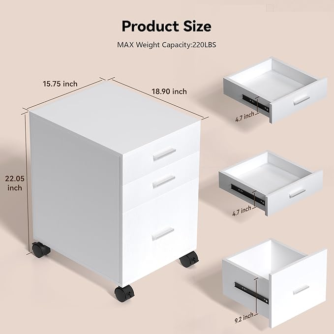 3 Drawer Mobile File Cabinet on Wheels,White fully assembled Rolling Storage Organizer for Letter/A4 Files, Ideal for Office, Home, Classroom Organization,Printer Stand,19" L x 16" W x 22" H