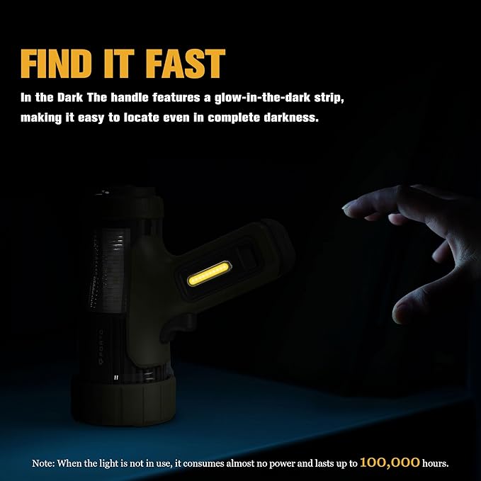 FORTO Rechargeable Spotlight, IPX8 Waterproof 40 ft Depth, 420m Beam Distance, 3000 Lumens and 45000 Candela Spot Light, Foldable Hook, for Hiking, Emergency, Camping, Hunting (Green-Base)