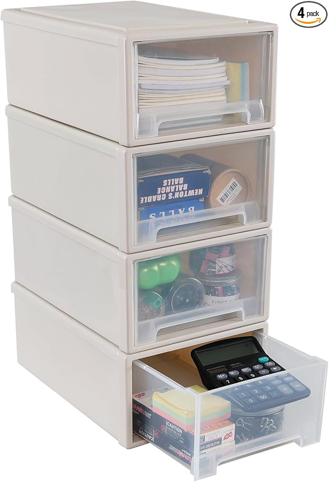 12 Quart Stackable Storage Drawers, Plastic Stacking Drawer, 4 Packs