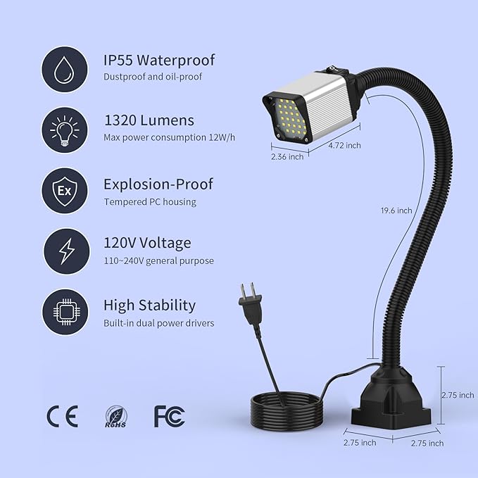 LED lathe Work Light, 20in Flexible Gooseneck Lamp with 28LEDs, 1200 Lumen Machine Light for LatheCNc Milling Drill Press Sewing Machine IndustrialLighting,120V(Base with 4screw holes)