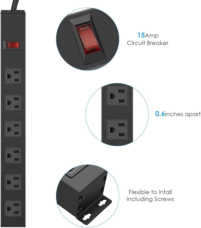 Metal Wall Mount Power Strip, Mountable Power Outlet with 6 AC Outlets, Aluminum Alloy Mount Power Socket with Switch, 3 FT SJT 3/C 14AWG Power Cord, 15A 125V 1875W (6AC) Black