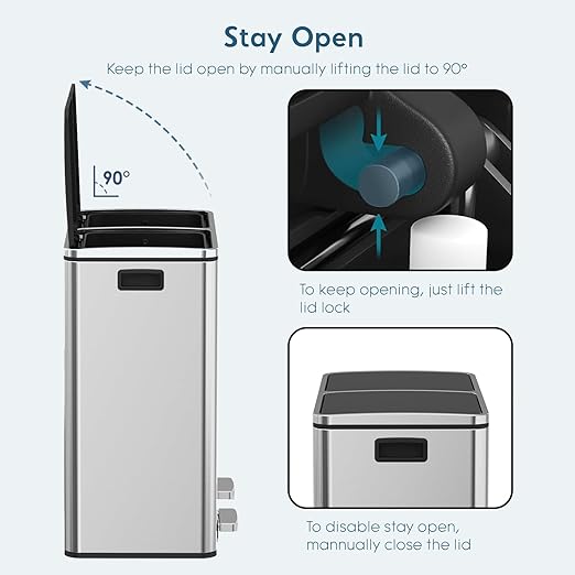 Arlopu Dual Trash Can, 2 x 8 Gallon (2 x 30 L) Hands-Free Trash and Recycle Bin Combo, Stainless Steel Kitchen Garbage Can with Soft-Close Lid, Removable Inner Buckets, Step Pedal, Airtight (Silver)