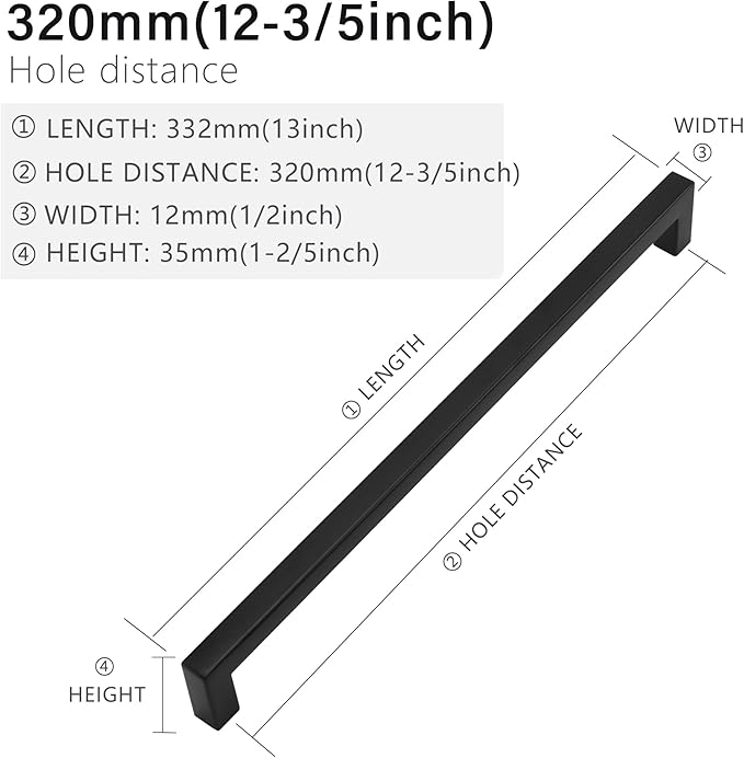 Cabinet Pulls Matte Black Cabinet Handles Square Drawer Pulls, 40 Pack 12-3/5 Inch Stainless Steel Kitchen Door Cupboard Cabinet Handles, Drawer Hardware Handles, 320mm Hole Centers