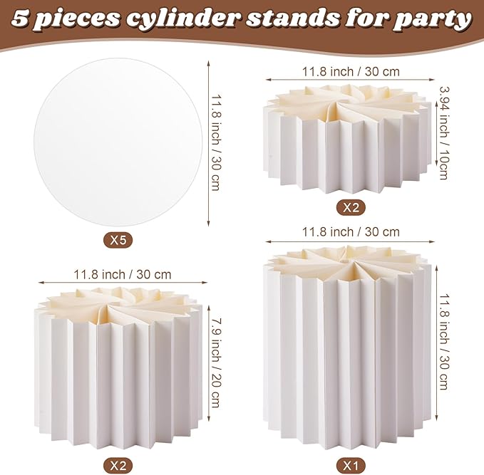 Capoda 5 Pieces Large Buffet Risers - 12" Foldable Food Display Risers, Multi-Height Cardboard Cylinder Stands with Acrylic Plates for Party Table Dessert Cupcake Catering Supplies(White)