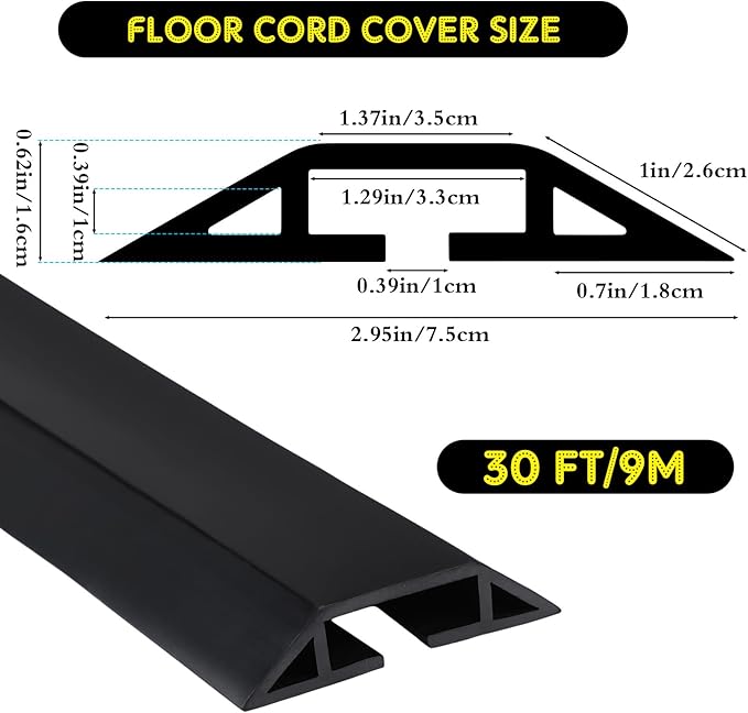 Pangda 30 FT Floor Cable Cover Heavy Duty Cord Cover Protector Power Cable Protector Soft Extension, Organize and Protect Wire on Floor for Home Office or Outdoor Settings (Black)