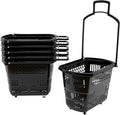 6PCS Plastic Shopping Baskets,35L/9.2Gal Trolley Rolling Shopping Cart Set with Wheels,Grocery Basket w/Handles,Portable Utility Cart for Supermarket,Retail Store,Laundry,Fruit Stores (Black)