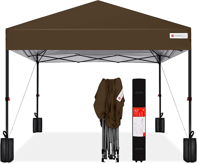 Best Choice Products 10x10ft 1-Person Setup Pop Up Canopy Tent Instant Portable Shelter w/ 1-Button Push, Case, 4 Weight Bags - Brown