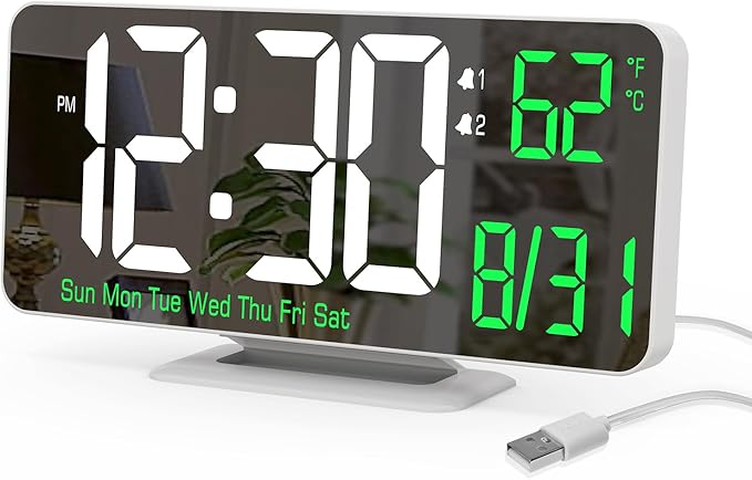 KOSUMOSU Alarm Clock for Bedroom, 6.7" Led Desk Digital Clock,Mirror Clock,Dual Alarm Clock for Living Room with Seconds,Date,Week,12/24h,Dimming,Temp