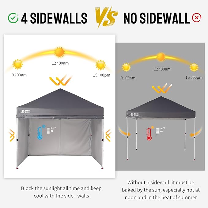 CROWN SHADES 10X10 Comercial Instant Canopy Pop Up Tent with Center Lock, 300D Fabric, 4 Sidewalls, Sto'N Go Bag, Grey