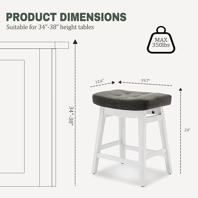 Counter Height Bar Stools Set of 4 for Kitchen Counter Farmhouse Modern Barstools with Faux Leather Upholstered Backless Seat and Solid Wood Legs 24 inch Bar Chairs, Grey + White
