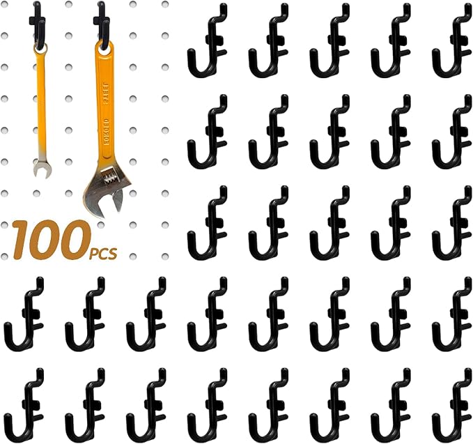 100PCS Pegboard Hooks Plastic Peg Board J Hooks for Hanging Black Pegboard Hooks J Hook Accessories, for 1/4" Pegboards DD017-100