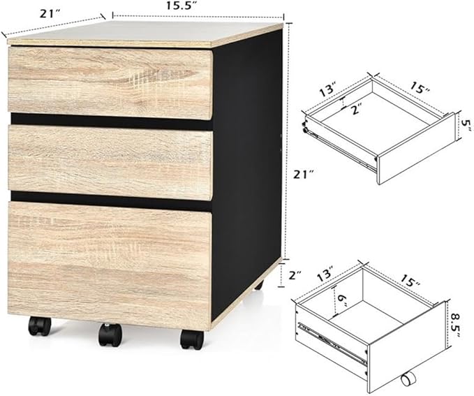 Pemberly Row 3-Drawer Engineered Wood Vertical Mobile Filling Cabinet in Natural