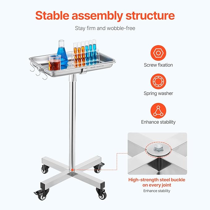 VEVOR Mayo Stand, Stainless Steel Mayo Tray, Load Capacity up to 36 lbs, Adjustable Height 31.9"-55", Medical Tray on Wheels with Removable Tray for Spa, Salon, Clinic, Personal Care