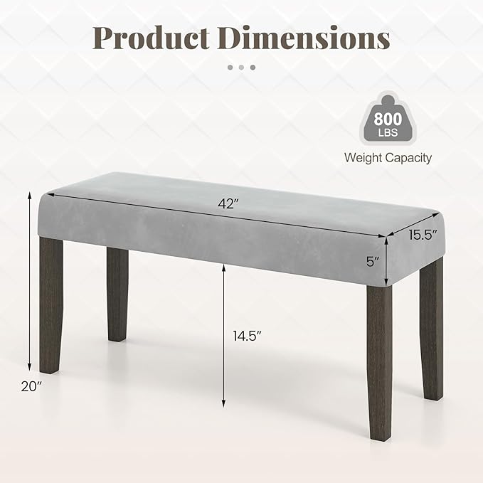 Giantex 42" Upholstered Dining Bench with Velvet Padded Seat, Rubber Wood Legs, 800 Lbs Capacity, Entryway Bench for Bedroom End of Bed, Dining Room, Hallway, Living Room, Kitchen (Grey, 1-Pack)