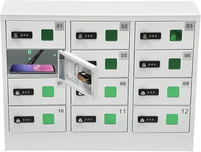 12 Slots Cell Mobile Phone Steel Locker with Combination Lock, Cellphone Charging Station with 3 in 1 Charging Ports for Most Phones, Cellphone Locker for Schools, Conference Rooms, and Offices