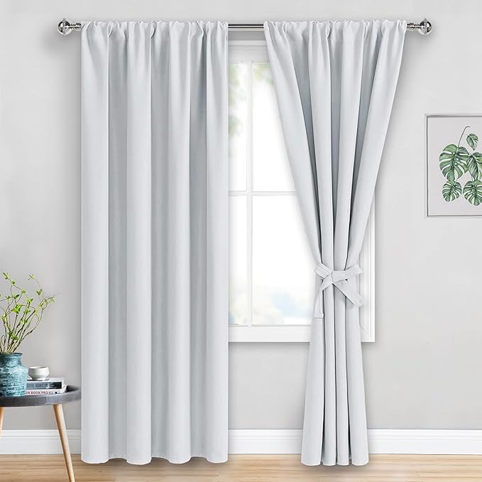 JIUZHEN White Curtains for Bedroom - Thermal Insulated & Energy Saving Room Darkening Rod Pocket Curtains for Living Room, Blackout Drapes with Tiebacks, 42 x 84 Inch, 2 Panels, Greyish White