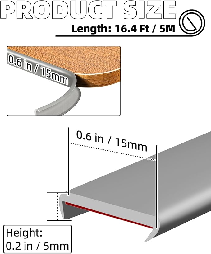 U-Shape Gray TPE Edge Banding 16.4Ft Self-Adhesive Flexible Edge Trim, Furniture Edge Protector & Countertop Molding (W:0.6'' H:0.2'')