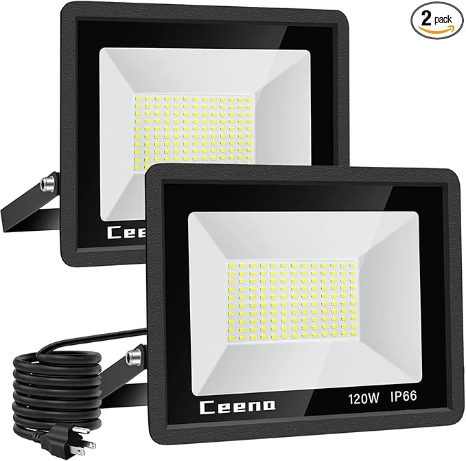 Ceena 2 Pack 120W Plug in LED Flood Light Outdoor, 12000lm Super Bright Floodlight with Switch and 5.9FT Wire, IP66 Waterproof 6000K LED Work Lights for Backyard, Workshop, Basketball Court