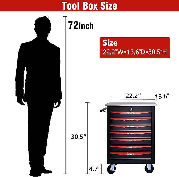 7 Drawers Tool Cart on Wheels with Stainless Steel Worktop, Heavy Duty Mobile Rolling Drawer Tool Chest with Locking Wheels & Lockable Drawers, Garage Tool Storage Cabinet (Black, 7 Drawers)