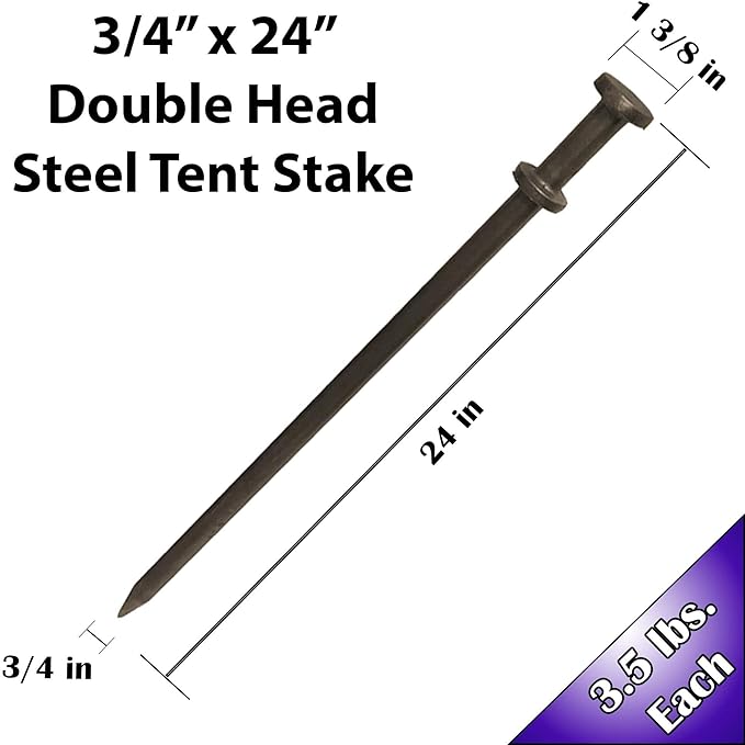 Double Head Metal Tent Stakes Heavy Duty Steel Ground Stake, Versatile Spikes to Anchor Commercial Inflatables, Event Party Tents, and Outdoor Camping Shelters, 3/4 x 24 Inch, 100 Pack