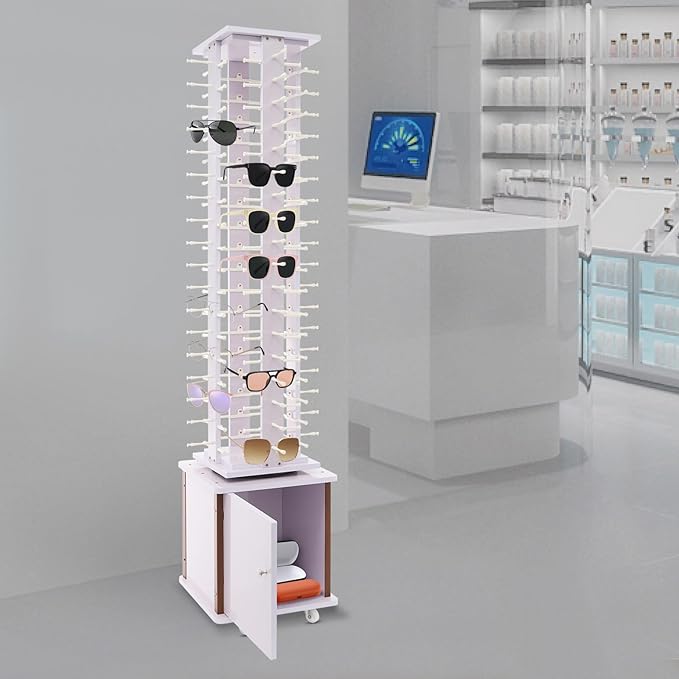 Sunglasses Display Stand, 72 Pairs Wooden 360° Rotating Sunglass Eyeglass Holder Organizer, Glasses Hanger Storage Rack for Retail Commercial Display, L14.2*H66.1in, White