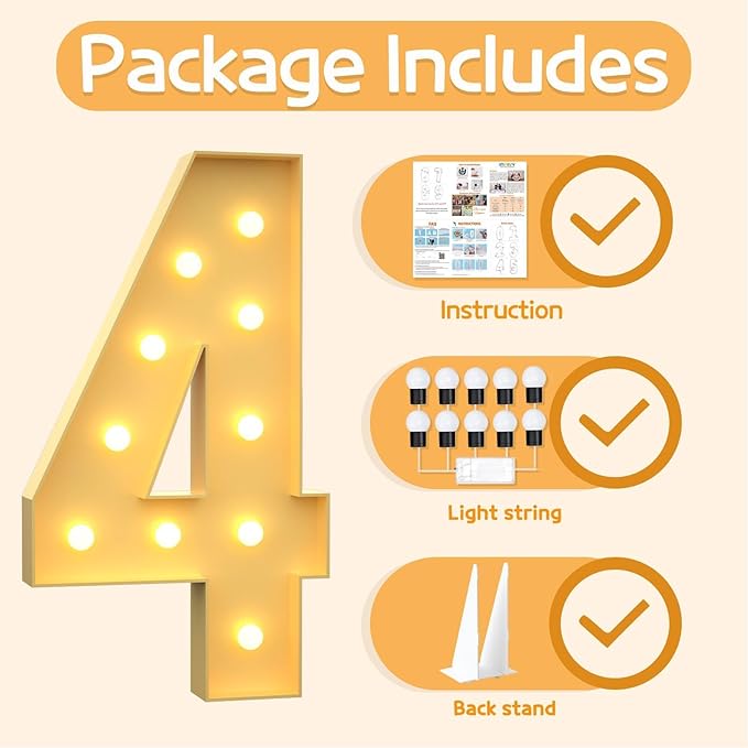 Marquee Numbers 4 Feet Tall Large Light Up Numbers 4th 14th 24th Four Ever Sweet Birthday Decorations Big Yellow Light Outdoor Anniversary Decorations Balloon Arch Kit Party Backdrop 4