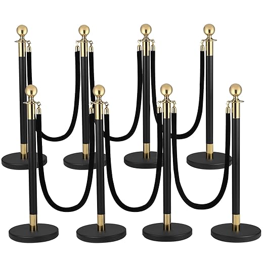 8PACK Stainless Steel Stanchion Post Queue 5 ft Black Velvet Ropes and Stanchion Poles Set Crowd Control Barriers with Fillable Base Used for Party Wedding Theaters Red Carpet - Black & Gold Color