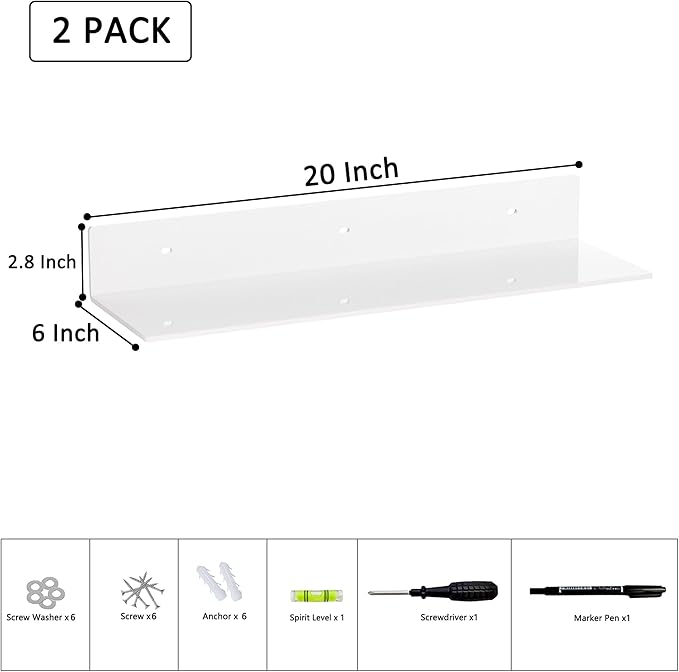 20 Inches Acrylic Wall Shelves 2 Pack, Floating Shelf for Wall Mounting, Acrylic Display Ledges for Funko Pop Figures, Home Décor, Living Room, Gaming Room, Plants(20 inch, White)