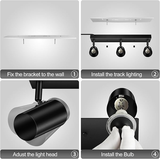BoostArea LED Track Lighting Ceiling Fixtures, Black 3-Light Plug in Track Lights for Kitchen, 3 Way Ceiling Spotlight, 15 FT Cord,Flexibly Rotatable Wall Mount Light Head for Bedroom Hallway