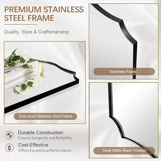 ANDY STAR 30x40 Inch Matte Black Mirror, Large Asymmetrical Wall Mirror in Premium Stainless Steel Metal Thin Frame Deep 1’’, Modern Rectangle Mirror with Unique Wavy Design Ideal for Home Decor