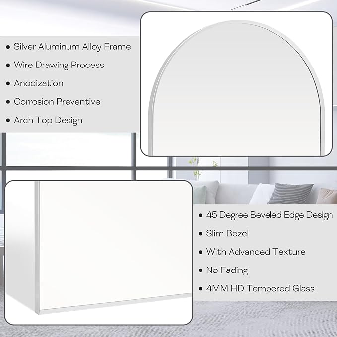 30" x 48" Silver Arched Mirror, Arch Wall Mirror, Metal Frame Black Bathroom Mirror, Arched Top Bathroom Vanity Mirror for Living Room, Bedroom, Entryway, Tempered Glass, Shatter Proof