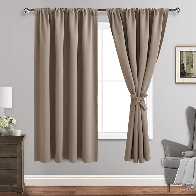 JIUZHEN Blackout Curtains for Bedroom - Thermal Insulated Room Darkening Rod Pocket Curtains for Living Room, Set of 2 Panels with Tiebacks, 52 x 72 Inch Length, Camel