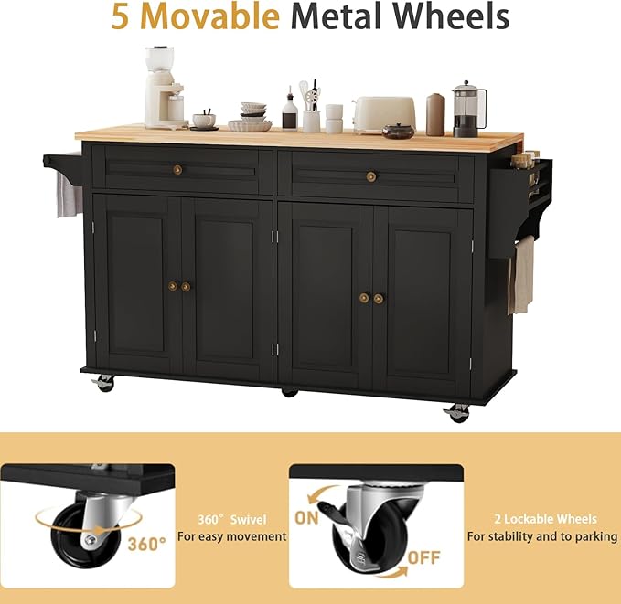 67’’ Movable Kitchen Island with Drop Leaf and Power Outlet, Lockable Sliding Countertop Rolling Island Cart with 2 Large Drawers, Spice, Towel Rack,Black