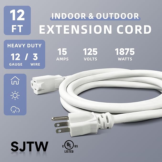 EP 12 Ft Outdoor Extension Cord, 12/3 SJTW Heavy Duty Extension Cable with 3 Prong Grounded Plug, 15 AMP Power Cord for Lawn, Garden, Appliances, White