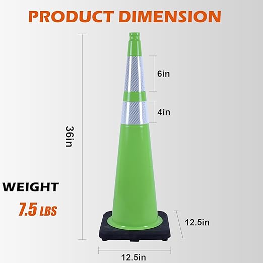 8 Pack 36 Inch Green Reflective Safety Cones, Tall Black Base Traffic Cones for Road Work, Parking Guidance and Athletic Field Marking (8, Green, 36 Inch)