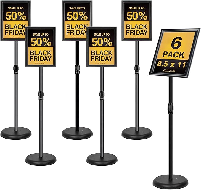 Adjustable Sign Stand for Display, Pedestal Floor Signage Stand Holder with Heavy Duty Base, for Outdoor or Indoor Advertising (8.5 x 11, Black, 6Pack)