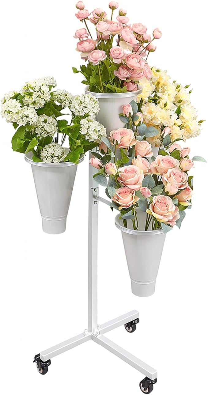DYALE Flower Display Stand with Buckets - Flower Cart with Wheels for Bouquet Shop, Metal Flower Rack Display Stand for Wedding Garden, Party, Events 1 (White, Round buckets)