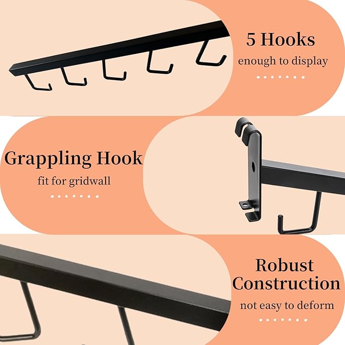 6 Pack Gridwall Waterfall Faceout with 5 Hooks, 16.5 Inch Gridwall Waterfall Hangers, Square Straight Arm Hooks for Wire Grid Retail Clothing Display, Slat Wall Accessories