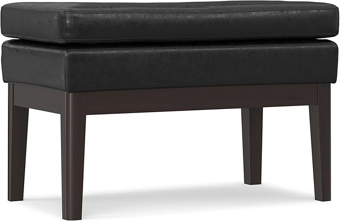 SIMPLIHOME Carlson Small Ottoman Bench - 27 inch Wide Upholstered Woven Fabric Rectangle Ottoman in Distressed Black, Mid Century Modern Bench for Bedroom or Living Room with Padded Seat