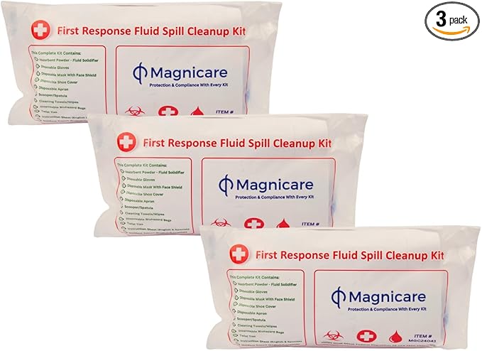 First Response Spill Kit - Be OSHA Compliant | Bloodborne Pathogen & Vomit Cleanup Kit: Comprehensive Spill Response for Bodily Fluids, Ideal for Schools, Restaurants, clinics (3 Pack)