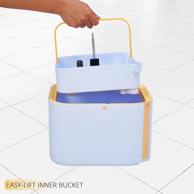 True & Tidy® TrueClean Mop and Bucket System Plus with New Easy Lift Inner Bucket, Self Wringing, Separates Clean from Dirty Water, Folding Mop Head, Dual Brush System, 8-pc Machine Washable Mop Pads