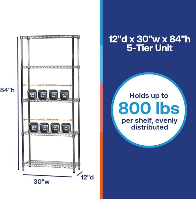 Shelving Inc. 12" d x 30" w x 84" h Chrome Wire Shelving with 5 Tier Shelves, Weight Capacity 800lbs Per Shelf