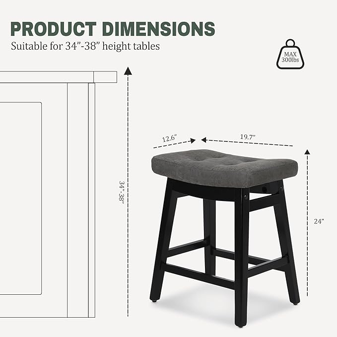 Counter Height Bar Stools Set of 6 for Kitchen Counter Farmhouse Modern Barstools with Faux Leather Upholstered Backless Seat and Solid Wood Legs 24 inch Bar Chairs, Grey + Black