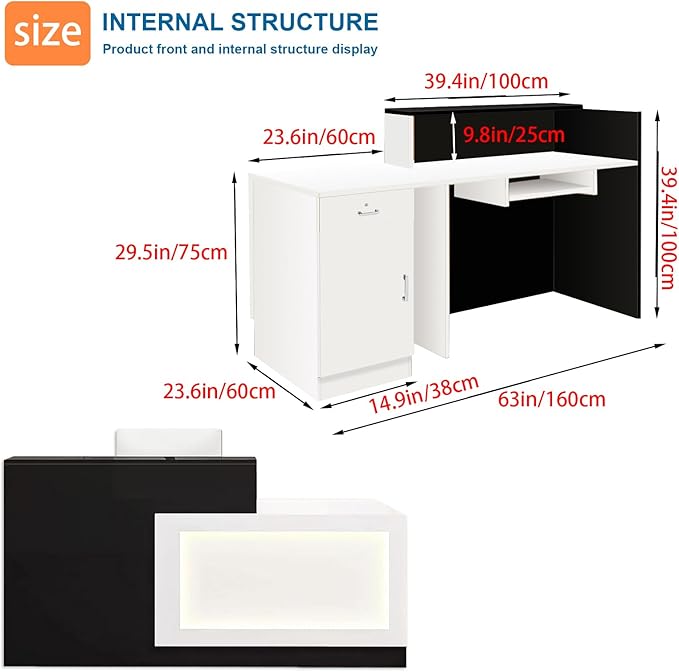 L-Shaped Reception Desk with Counter and Lockable Drawers and Storage Tall Modern Front Desk Reception Counter for Checkout Lobby Beauty Salon E Left 63inch/160cm