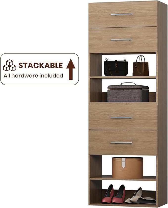 ROOMTEC 25.5" 2 Drawer Short Tower Closet Unit, Modular Closet System with Drawers and Shelf, Wardrobe Organizer for Bedroom or Walk-in Closet, Wall Mounted, Customizable Clothes Storage Unit, Wood