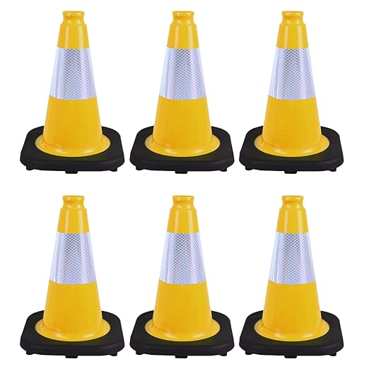 6 Pack 12 Inch Yellow Reflective Traffic Cones, Black Base Safety Markers for Warehouse Aisles, Driveways and Indoor Safety Training (6, Yellow, 12 Inch)