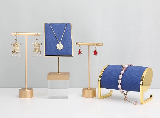 GemeShou Gold Metal Small Earring T Bar Stand Retail Display Holder, Retail Jewelry photography props for Show【Gold-Round Base Height 4.5"】