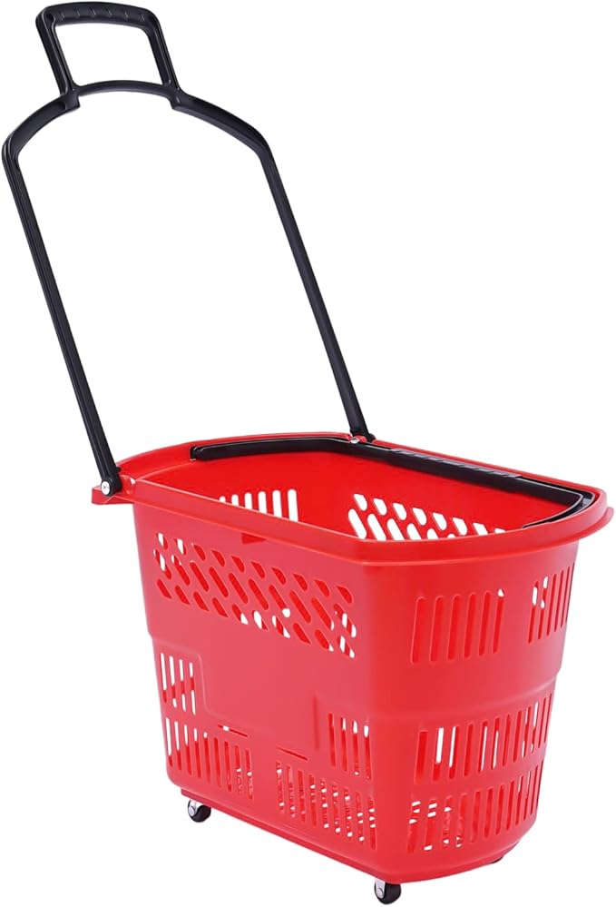 6PCS Shopping Carts,35L Shopping Basket with Wheels and Handle,Portable Plastic Rolling Sho-pping Basket for Retail Store (Red)