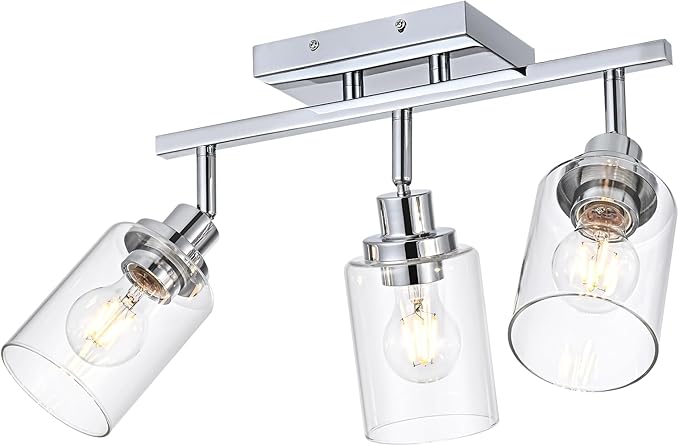 3-Light Track Lighting Kit Ceiling Kitchen Track Lighting Fixtures Chrome Bathroom Vanity Wall Lights with Clear Glass Multi-Directional Rotating Tracking Light Heads Spotlight for Accent Shop